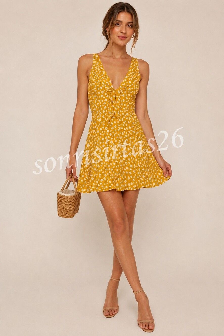 Reformation Nola Dress Yellow Floral Tie Front Mini Dress 2 Retro Chic Coquette